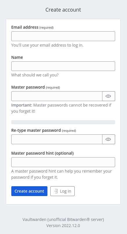 VaultWarden account creation