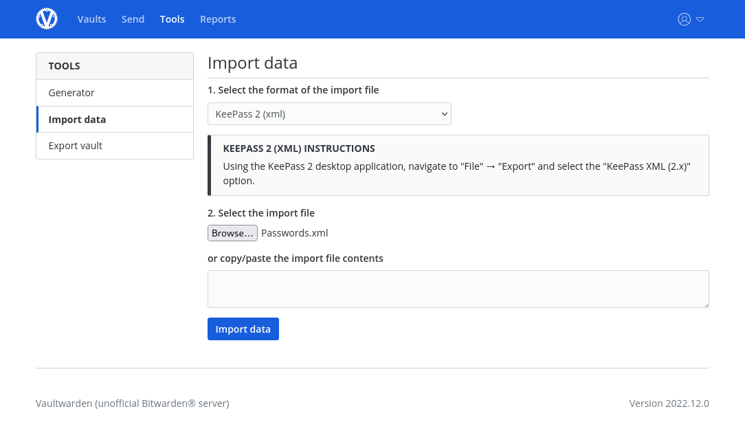 VaultWarden KeePass import