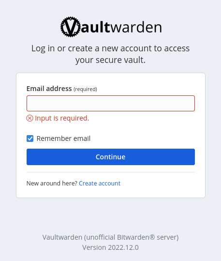 VaultWarden login screen