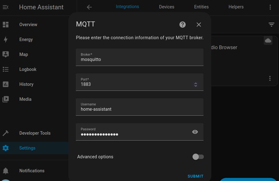 Screenshot of the Home-Assistant mqtt configuration view