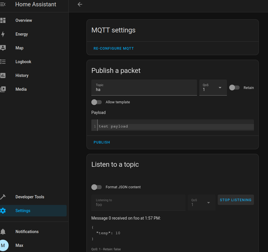 Screenshot of the Home-Assistant mqtt testing scenario