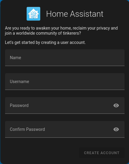 Screenshot of the Home-Assistant registration view
