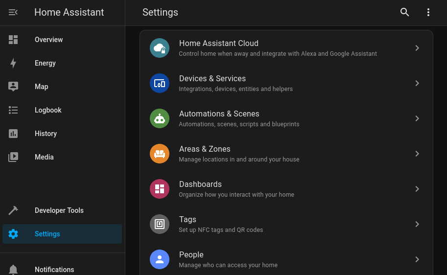 Screenshot of the Home-Assistant settings view