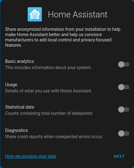 Screenshot of the Home-Assistant telemetry selection view