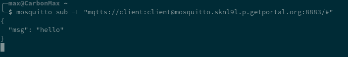 Screenshot of message reception with mosquitto_sub