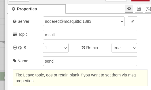 Screenshot of the configuration of a MQTT out node