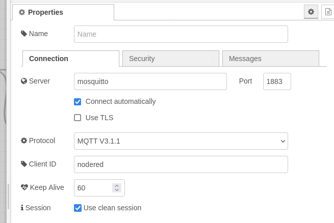 Screenshot of the configuration of a MQTT server